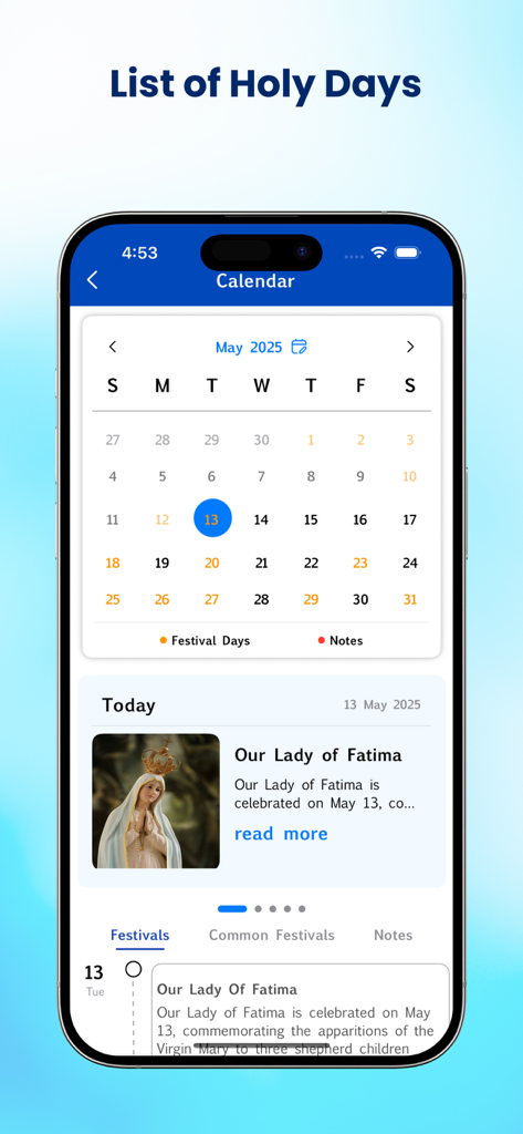 The Luganda Holy Bible app showing a calendar view of religious festivals and holy days