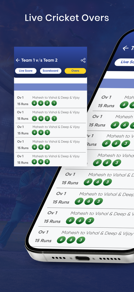 Cric11 app interface for tracking live cricket match overs and ball by ball runs