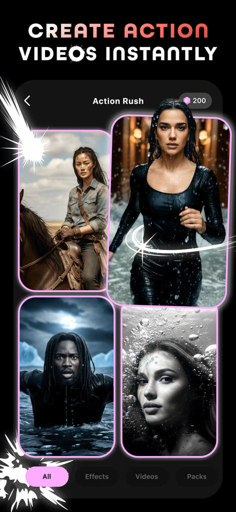 AI Maker: Photo Art Generator - Una interfaz de aplicación móvil que muestra cuatro escenas de acción cinemáticas generadas por IA, incluida una mujer a caballo y otra corriendo por el agua.