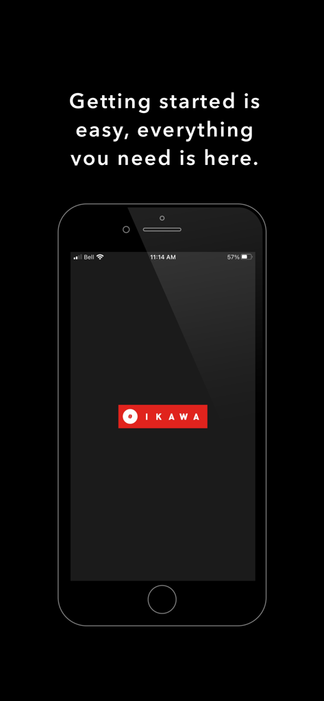 Schermata di benvenuto dell'app mobile IKAWA Pro con logo e testo che dice Iniziare è facile