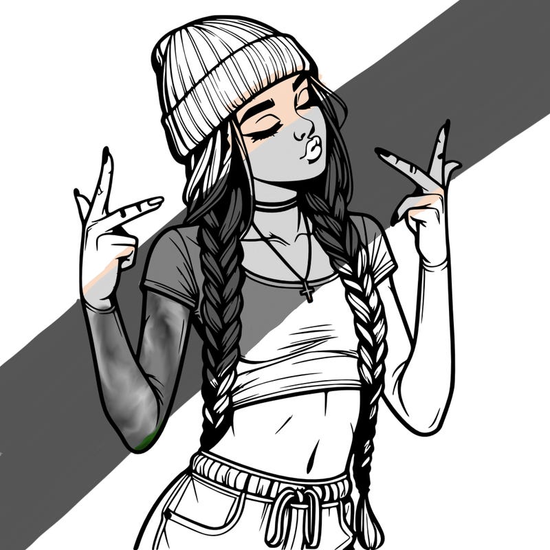 realistic teenage girl with braids and a beanie and crop top doing 🫶🏼