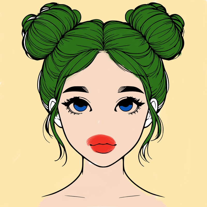 realistic girl with two buns on top of her head