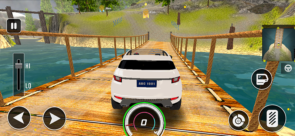 A white SUV crossing a wooden suspension bridge in Offroad Simulator Car Driving