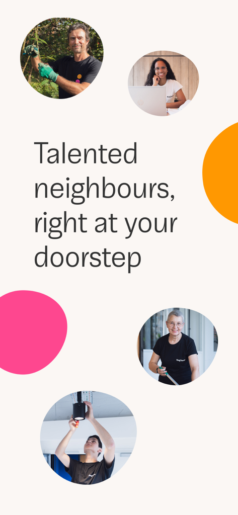 Ring Twice - Promotional screen for Ring Twice app featuring the text Talented neighbours right at your doorstep and photos of people providing various home services.