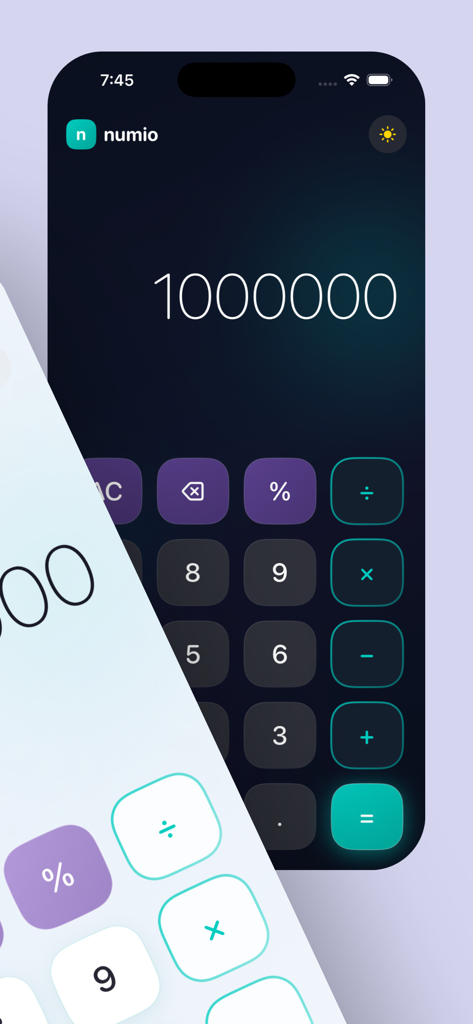 Numio Calculator - Minimalist Numio Calculator app interface displaying dark and light mode designs