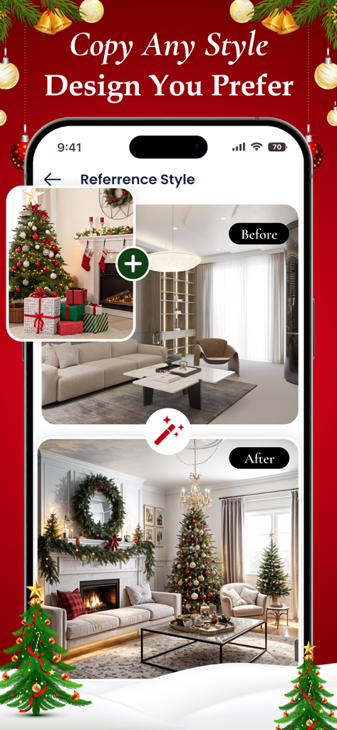 AI Design - Home Interior - AI Design app reference style feature transforming a living room with Christmas decorations