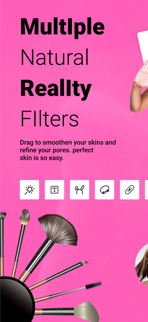 Beauty Cam - Selfie, Sticker - Captura de pantalla de la app Beauty Cam mostrando filtros de realidad natural para suavizar la piel y refinar los poros
