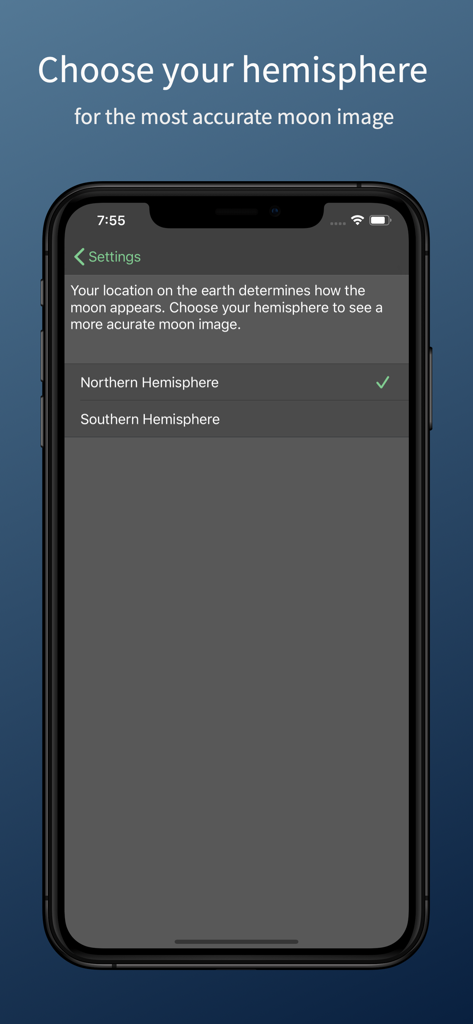半球選択のためのSimpleMoon設定画面。