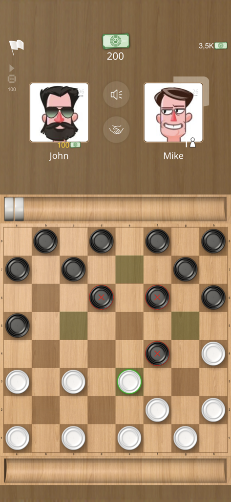 A live online checkers match on a minimalist wooden board with player avatars and capturing moves.