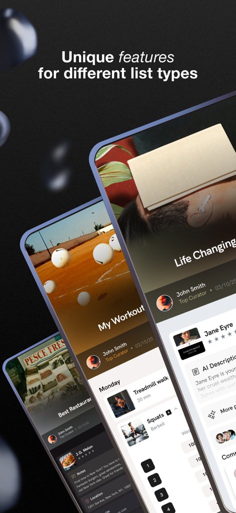 Multiple mobile screens from the Hypelist app displaying various curated lists including workouts, books, and restaurant recommendations.