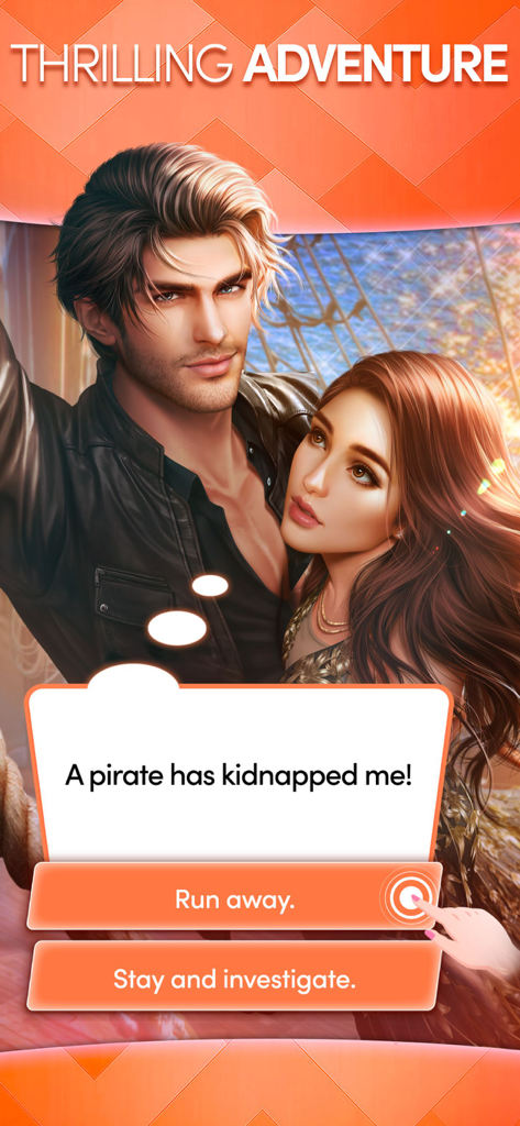 A woman and a man in a pirate adventure story with interactive buttons to choose the narrative path.
