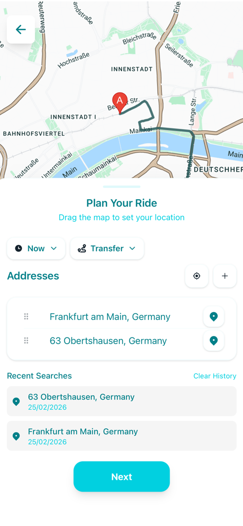 Tommy App - Tommy App mobile interface for planning a ride with map and address inputs.