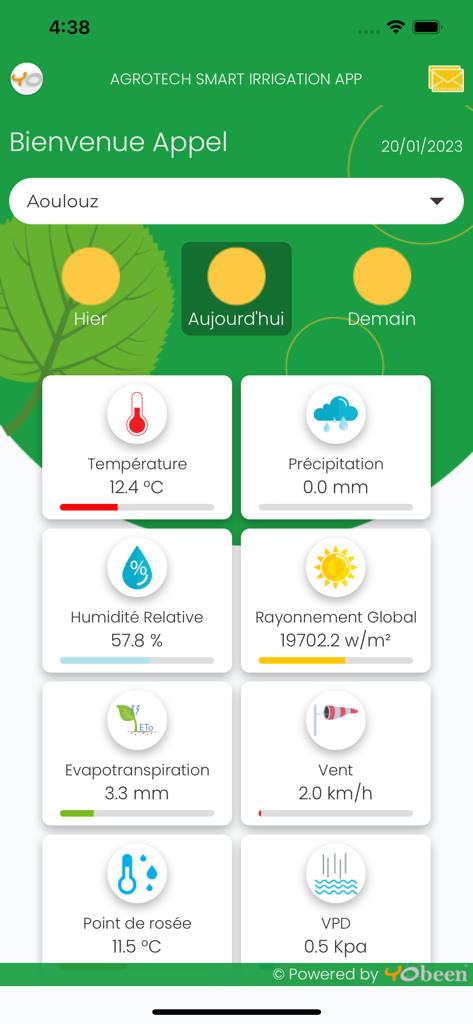 Yobeen Agrotech - Panel de la aplicación Yobeen Agrotech que muestra datos meteorológicos y de riego para agricultura de precisión