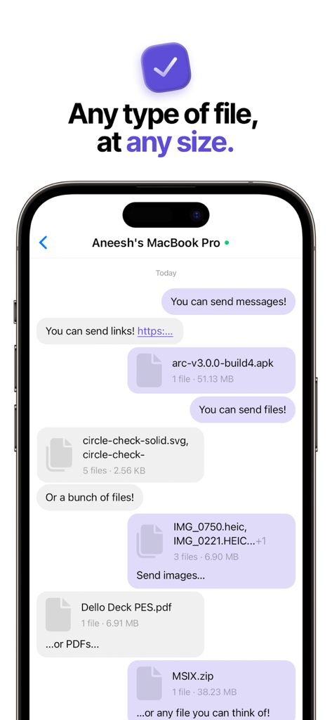 Screenshot of Arc app interface showing a variety of file types including images, PDFs, and ZIP files being transferred.