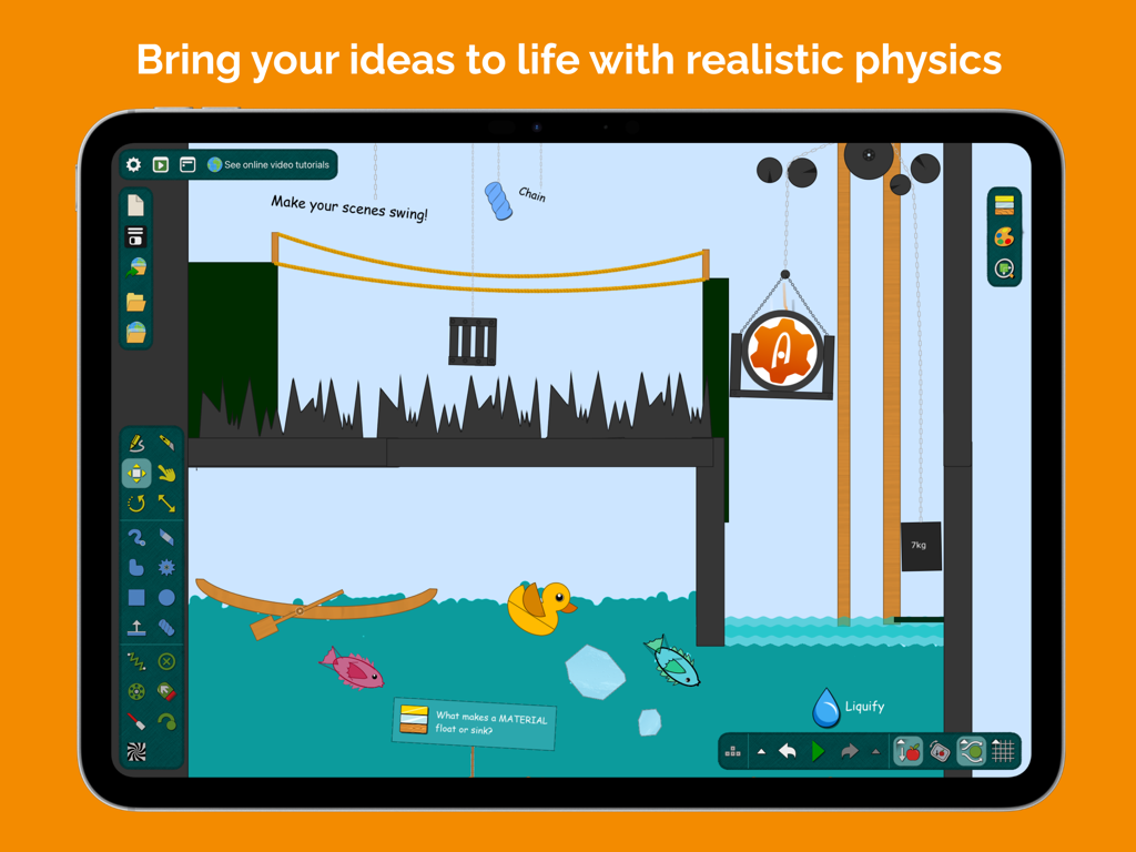 Algodoo - A 2D physics simulation on an iPad showing a rubber duck in water with various mechanical construction tools