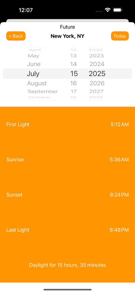 Sunrise Sunset Times - Sunrise Sunset Times app displaying solar data including first light, sunrise, sunset, and last light for a future date in New York
