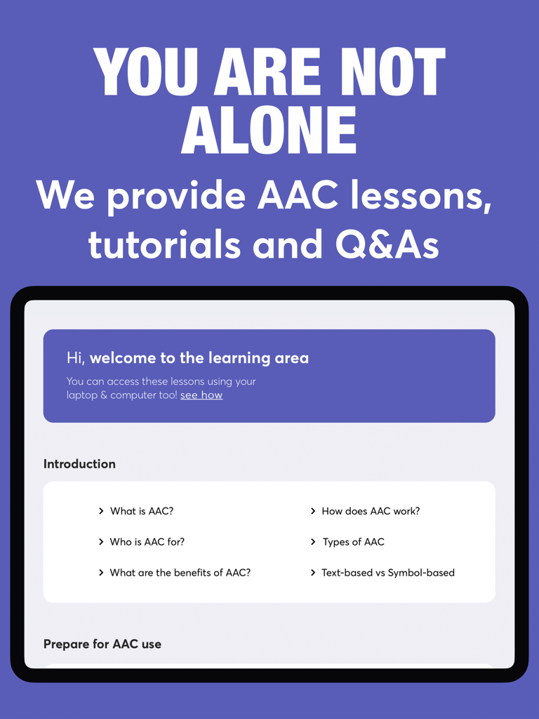 Fluent AAC: Communication App - A screen from the Fluent AAC app displaying educational lessons and tutorials about communication.
