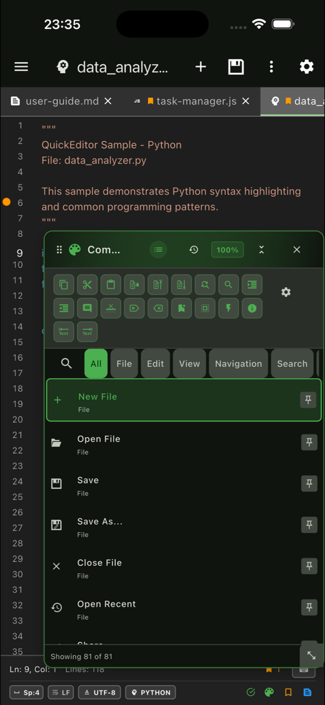 QuickEditor mobile interface showing Python code and file management menu