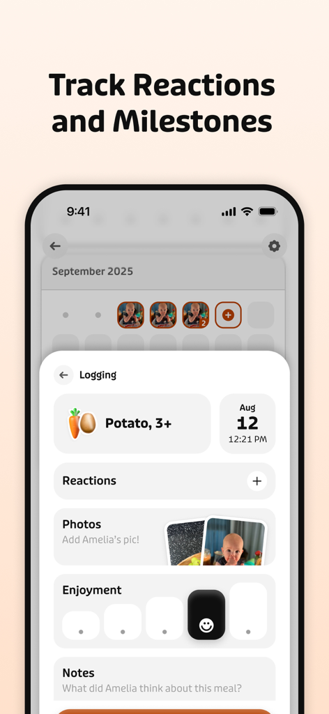 Tummi – Start Solid Foods - Interface of the Tummi app showing the logging screen to track a baby's food reactions and milestones