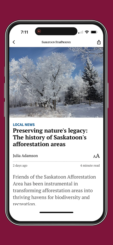 StarPhoenix - A local news article about Saskatoon afforestation areas displayed on the StarPhoenix mobile app.