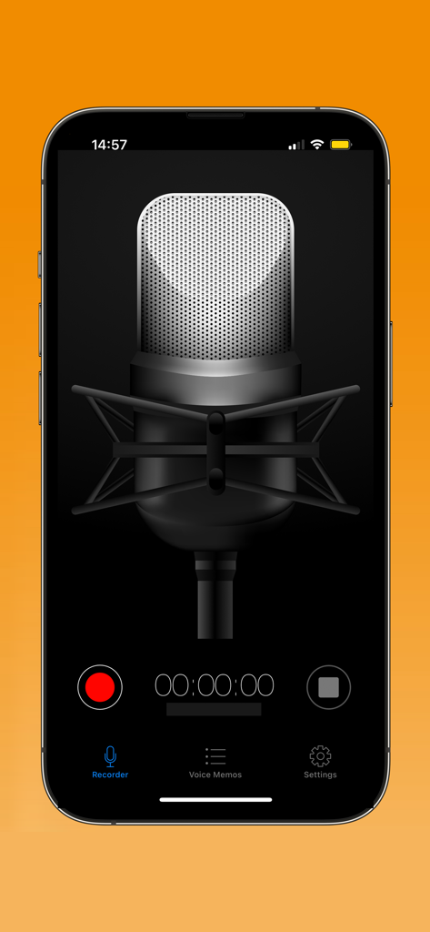 Professional recording interface of the Voice Recorder HD app featuring a studio microphone graphic and recording controls