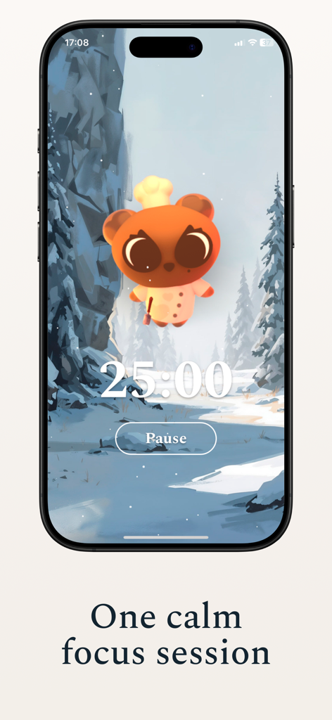 Petimer: Pomodoro & Study Pets - A 25 minute pomodoro timer screen in the Petimer app featuring a cute bear chef pet in a cozy snowy forest landscape