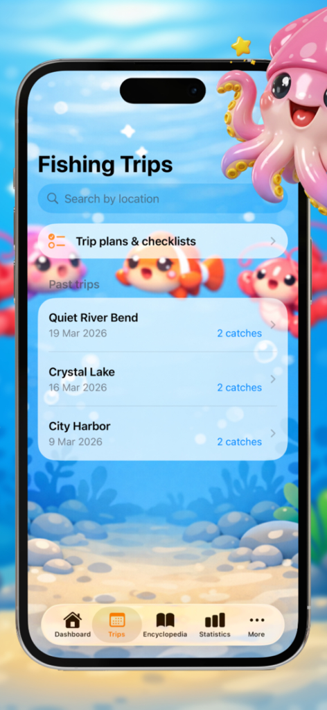 MyFishing Book - Interfaz de la aplicación móvil MyFishing Book que muestra una lista de viajes de pesca pasados con nombres de lugares y recuentos de capturas
