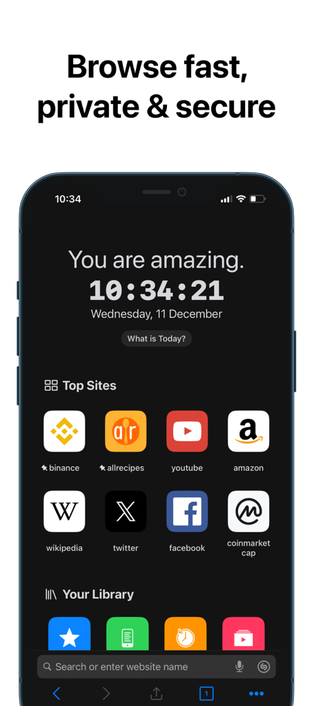 RedApp Lite: Private Browser - Home screen of RedApp Lite showing bookmarks for top websites and private browsing features in dark mode