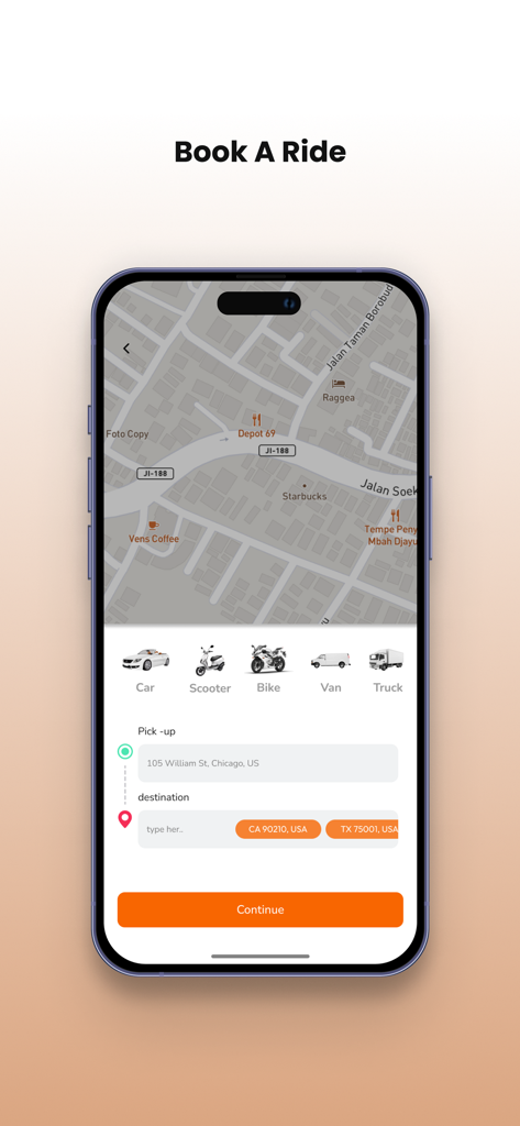 HaulCat User - HaulCat User app booking interface showing map vehicle options like van and truck and address entry for pickup and delivery