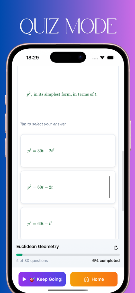 Mathematics Practice App - La interfaz de la aplicación de práctica de matemáticas Dimpo que muestra una pregunta de examen de Geometría Euclidiana con opciones múltiples y un rastreador de progreso.