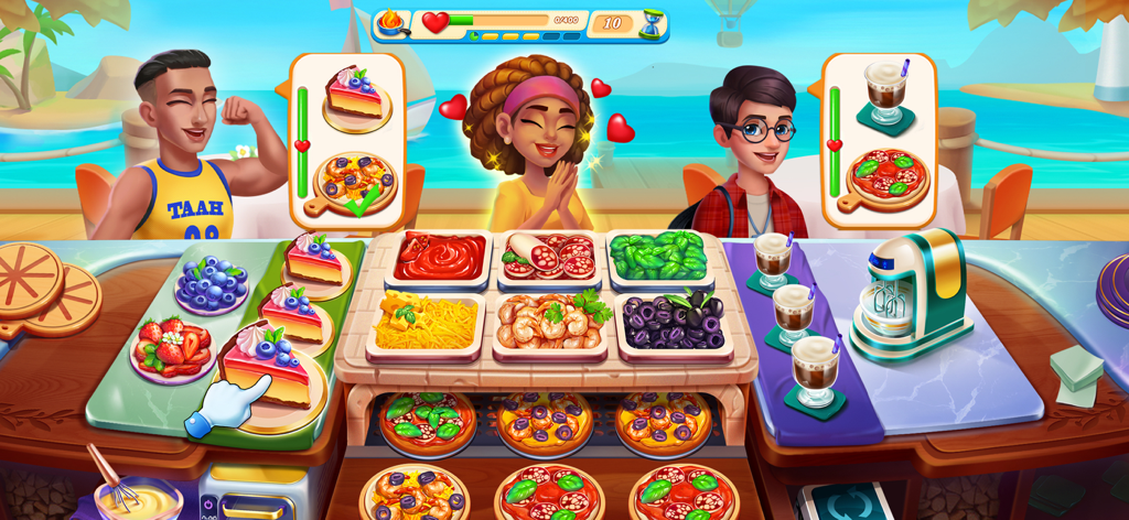 Chef Adventure: Cooking Games - Gameplay scene of Chef Adventure showing customers being served pizza and dessert at a tropical restaurant