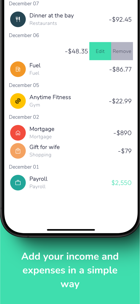 My Money - Track your expenses - Una lista de ingresos y gastos diarios categorizados por fecha en la aplicación Mi Dinero.