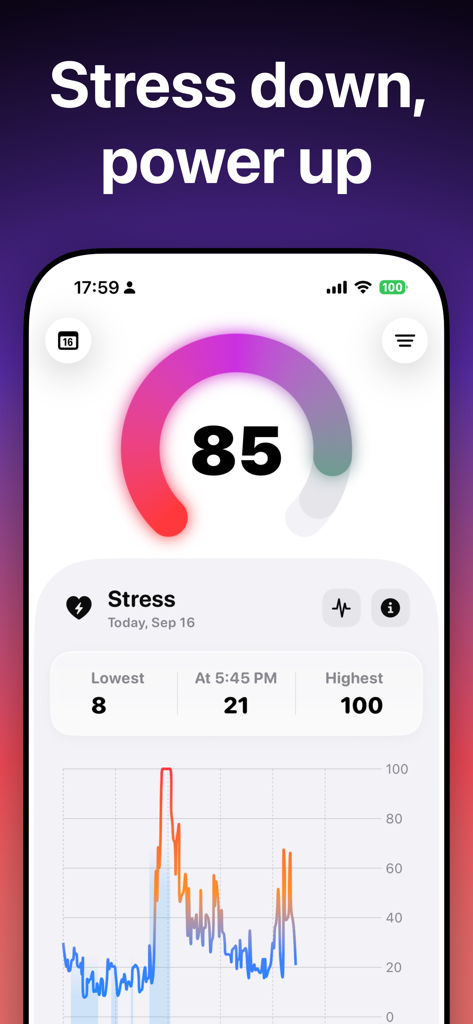 BodyState: Vitals Tracker - BodyState app screenshot displaying stress tracking vitals and a daily score.