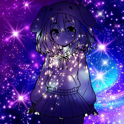 pretty anime girl wearing a fluffy hoodie with bunny ears on the hood and a skirt