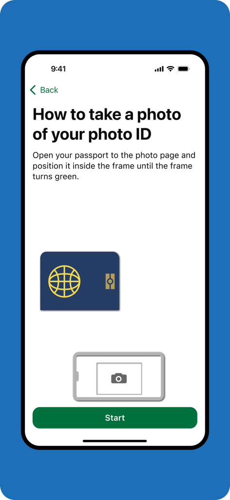 GOV.UK ID Check - 本人確認のためにパスポートをスキャンする方法を示すGOV.UK ID Checkアプリの指示画面