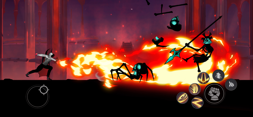 A shadow ninja performing a powerful fire attack against skeletal enemies in a dark fantasy setting.