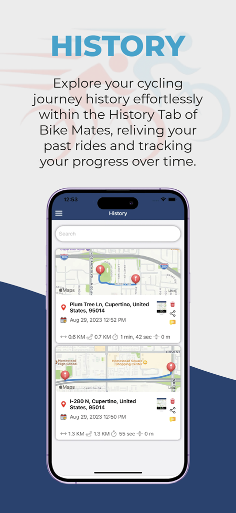 Interface de l'application Bike Mates affichant une liste des sorties cyclistes passées avec cartes et statistiques de distance