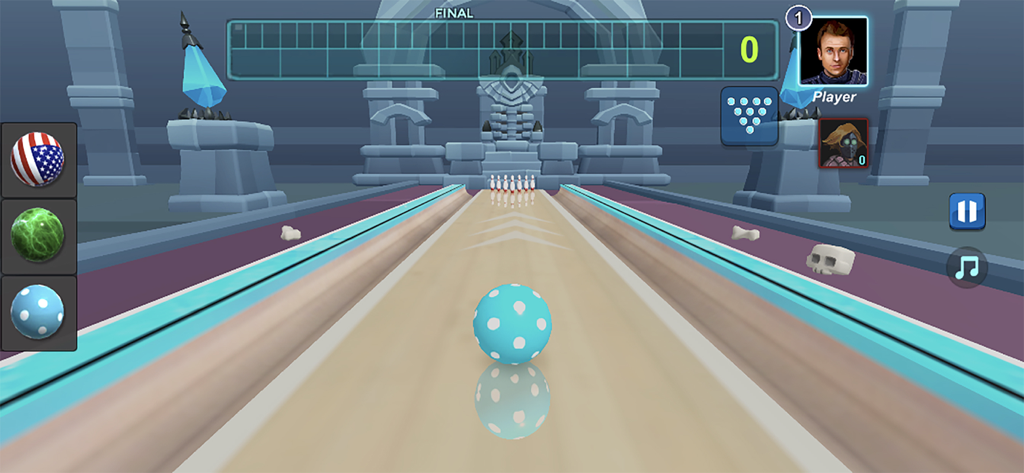 3D Bowling - My Bowling Games - Gameplay di un gioco di bowling 3D con una palla a pois blu su una pista a tema fantasy con birilli alla fine.