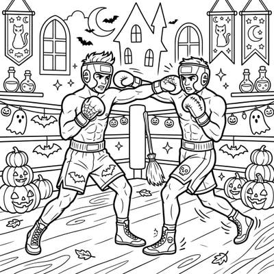 Step into the ring for a thrilling Halloween-themed coloring challenge! This unique page features two boxers sparring amidst a spooky setting of jack-o'-lanterns, ghosts, and haunted houses, perfect for a festive and action-packed coloring session.