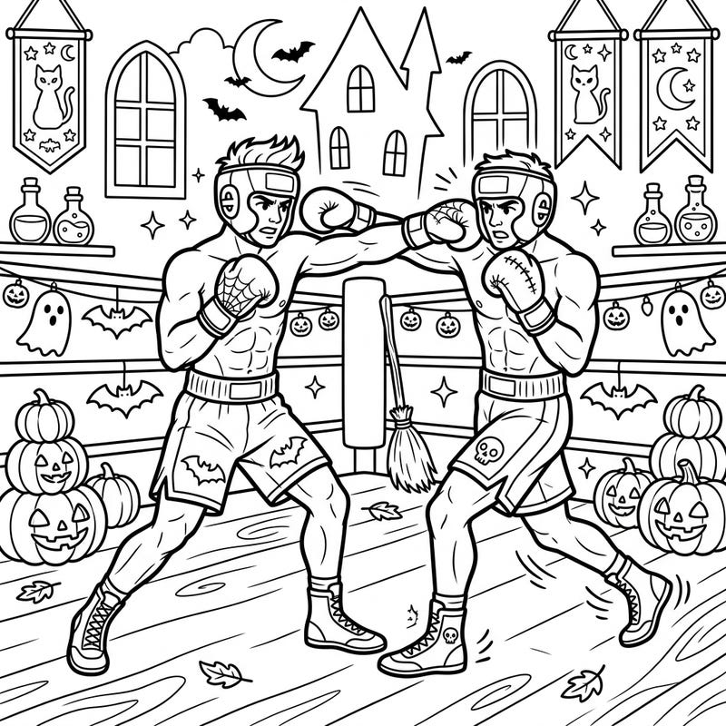 Step into the ring for a thrilling Halloween-themed coloring challenge! This unique page features two boxers sparring amidst a spooky setting of jack-o'-lanterns, ghosts, and haunted houses, perfect for a festive and action-packed coloring session.