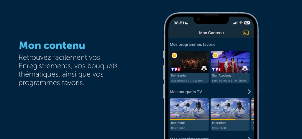 Interface da aplicação POP TV Go mostrando secções de conteúdo personalizadas como programas favoritos e bouquets de TV num smartphone