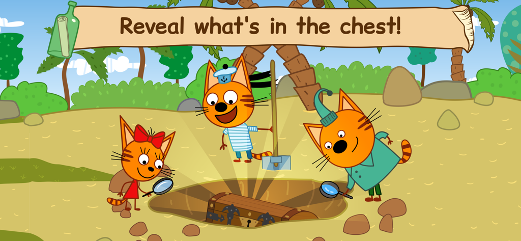 Drei Kätzchen von Kid-E-Cats finden eine vergrabene Schatztruhe auf einer tropischen Insel