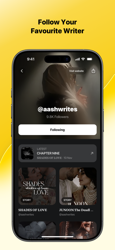 Stck Reader - Stck Reader app screen showing a writer profile with a following button and serial fiction stories