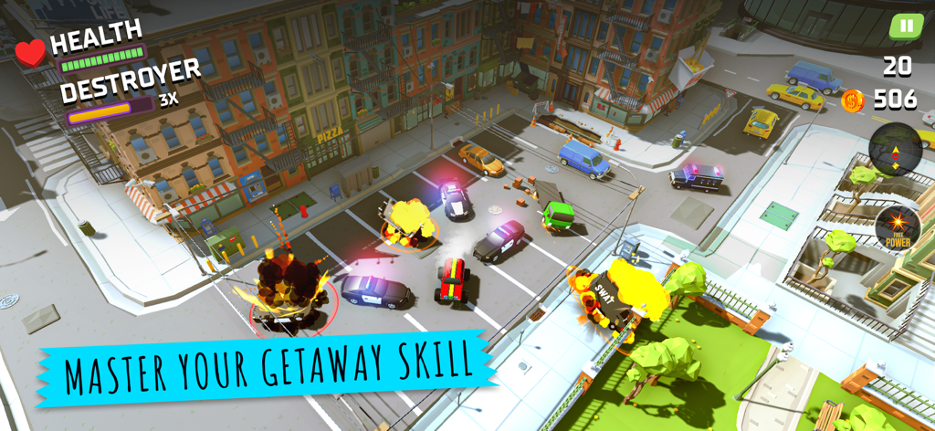 Top-down view of a high-speed car chase in a city showing police cars crashing with explosions and score multipliers.