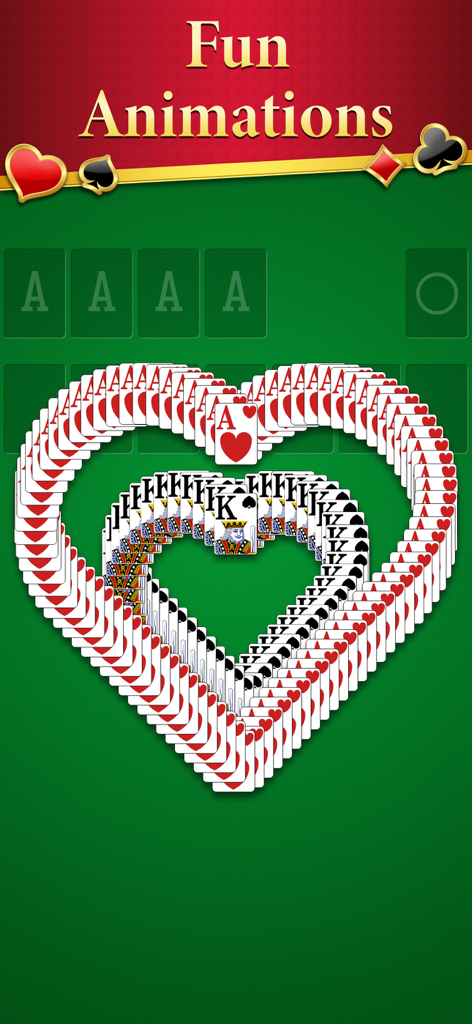 Pantalla del juego de Solitario clásico que muestra una animación de victoria donde las cartas caen formando múltiples formas de corazón sobre un fondo de fieltro verde.