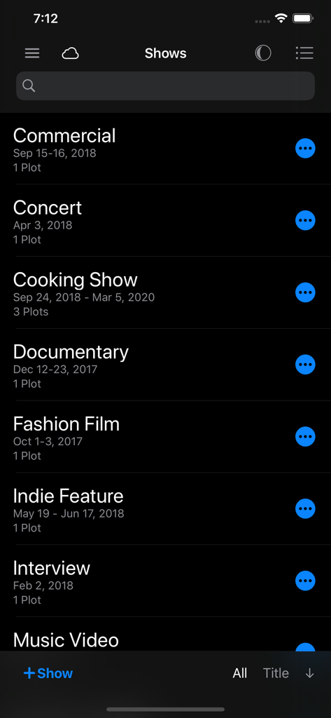 List of show projects in the Lighting Designer app including Commercial, Concert, and Documentary projects in Dark Mode