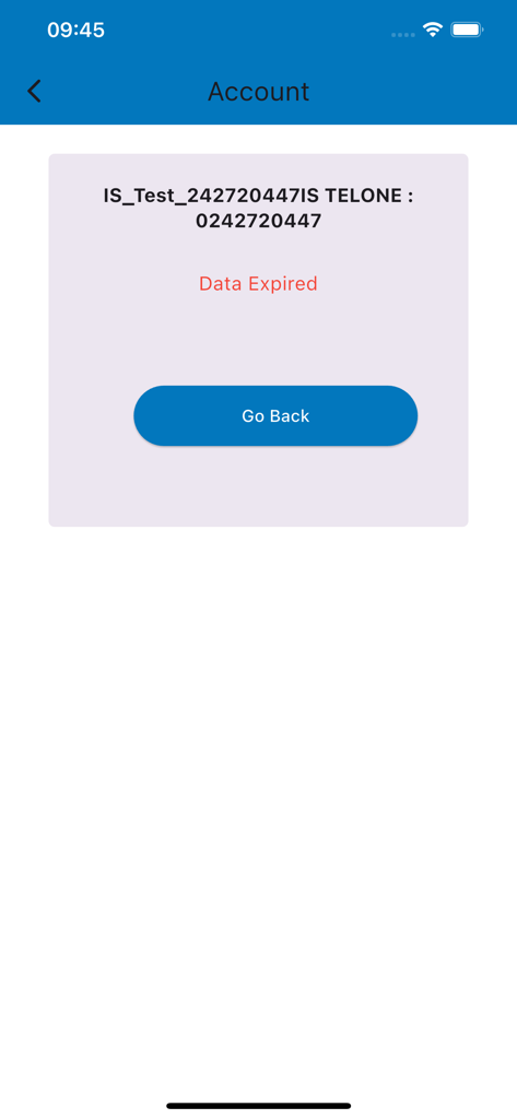 My Telone V3 - データ期限切れのアラートを表示するMy Telone V3アプリのアカウント画面。