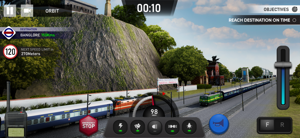 Gameplay view of Indian Train Simulator showing a locomotive on tracks with a control interface and scenic landscape