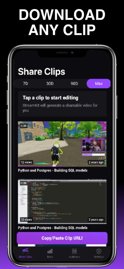 StreamKit - Edit Clips & Stats - StreamKit-Mobilappen-Bildschirm zur Auswahl und zum Download von Twitch-Clips für die Bearbeitung in sozialen Medien