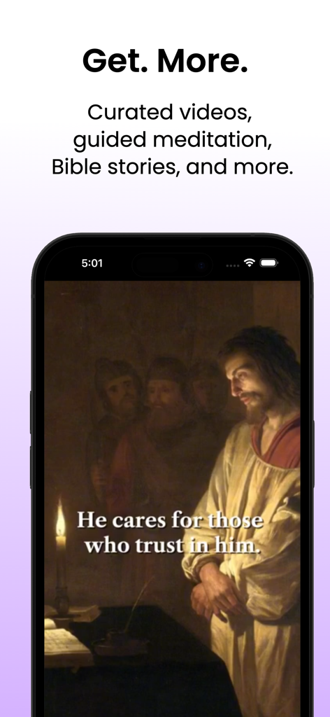 Genesis: Bible Chat - Uma tela de celular mostrando um vídeo bíblico selecionado com a legenda Ele cuida daqueles que confiam nele do aplicativo Gênesis: Bíblia Chat.